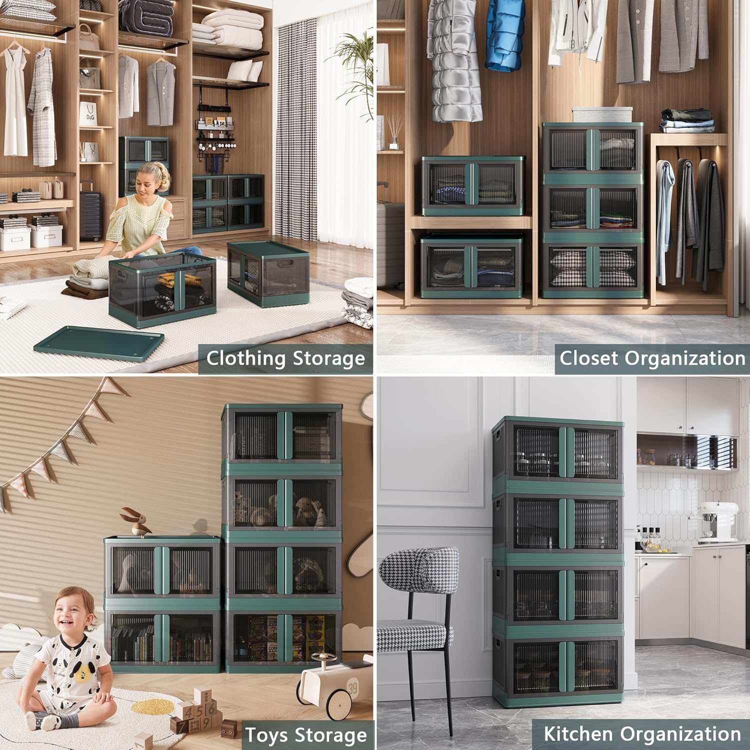 19Gal Collapsible Storage Bins with Lids & Wheels - 4 Pack Stackable with Doors, Heavy-Duty Plastic Containers for Home/Office, Green