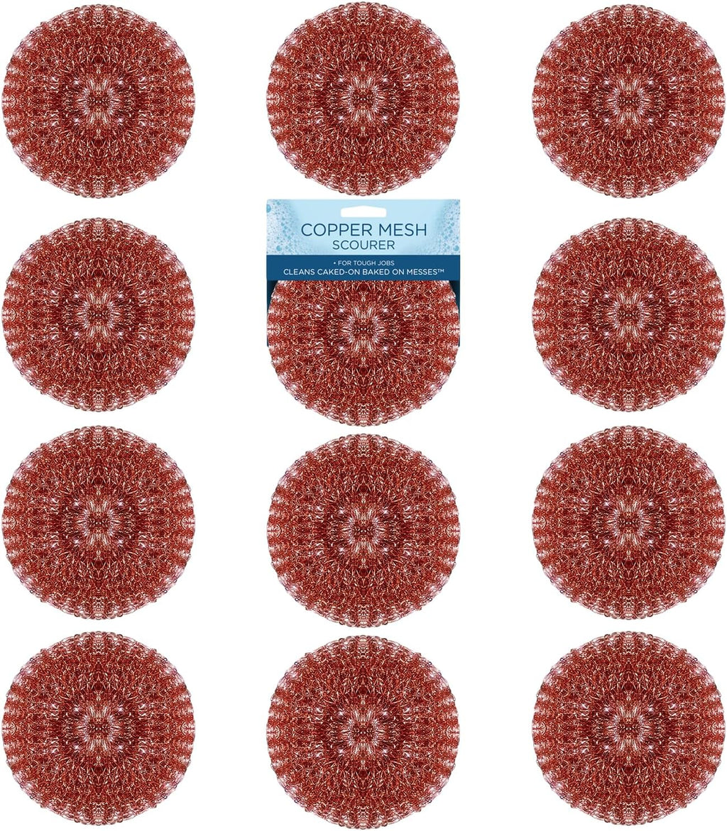 LOLA Copper Mesh Scouring Pad, 18 Grams, 12 Pack, Heavy Duty Cleaning Pads, Copper Coated Knitted Flat Wire Mesh, Recyclable, Cleans Baked On Messes