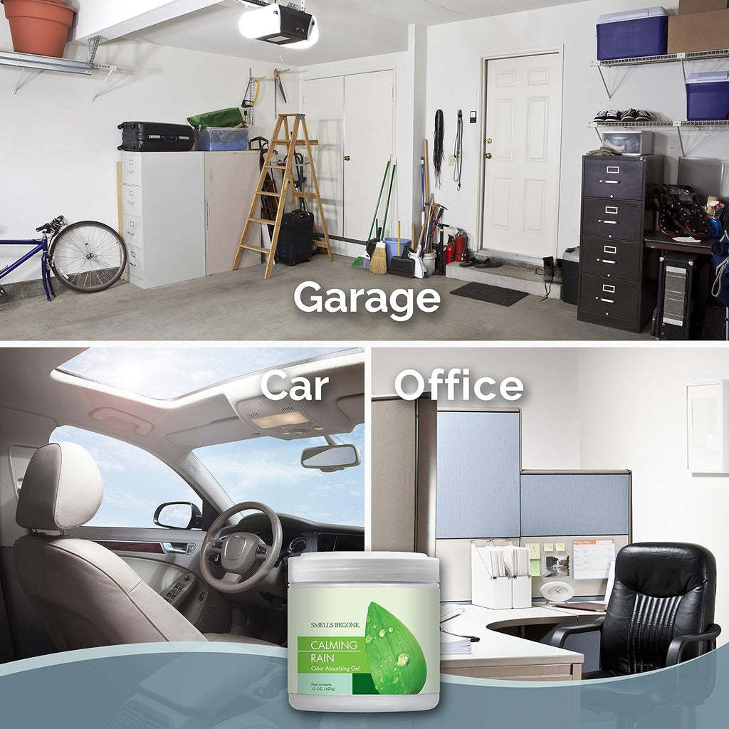 SMELLS BEGONE Air Freshener Odor Absorber Gel - 15 oz, Pack of 2 - Absorbs and Eliminates Odor in Pet Areas, Bathrooms, Cars, & Boats - Made with Essential Oils - Calming Rain Scent