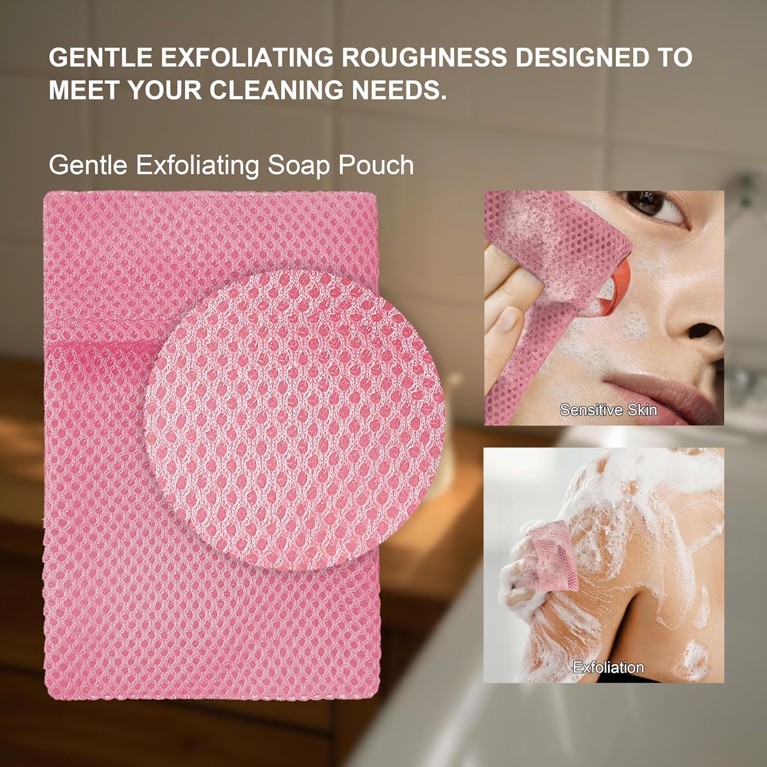 2 Pack Soap Bag Gentle Roughness,Bar Soap Pouch Saver Pocket,Body Scrubber Shower Sponge Loofah,Exfoliating Bath Sponge (Pink)