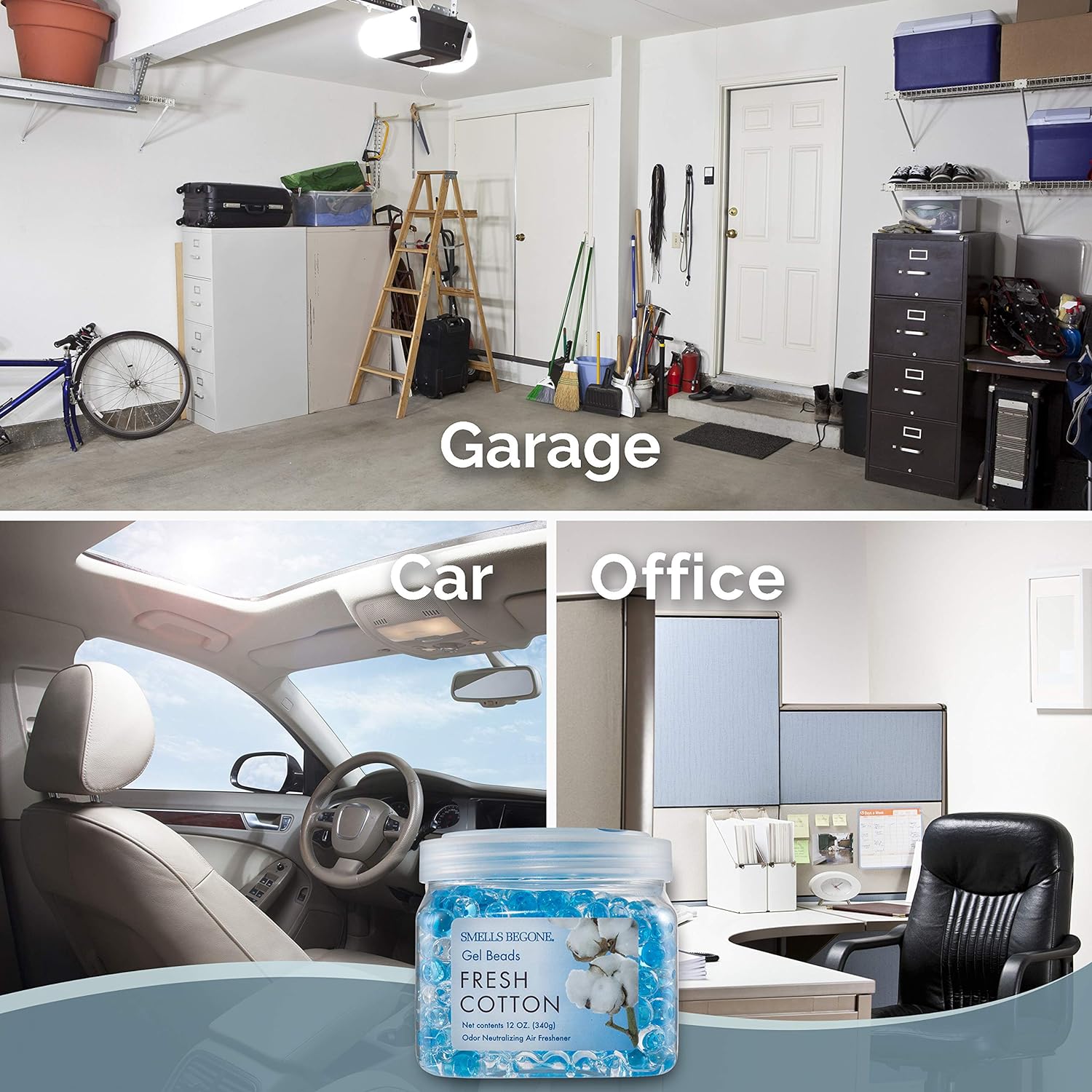 SMELLS BEGONE Odor Eliminator Gel Beads - 12 oz, Pack of 6 - Eliminates Odor in Bathrooms, Cars, Boats, RVs & Pet Areas - Air Freshener - Made with Essential Oils - Fresh Cotton Scent