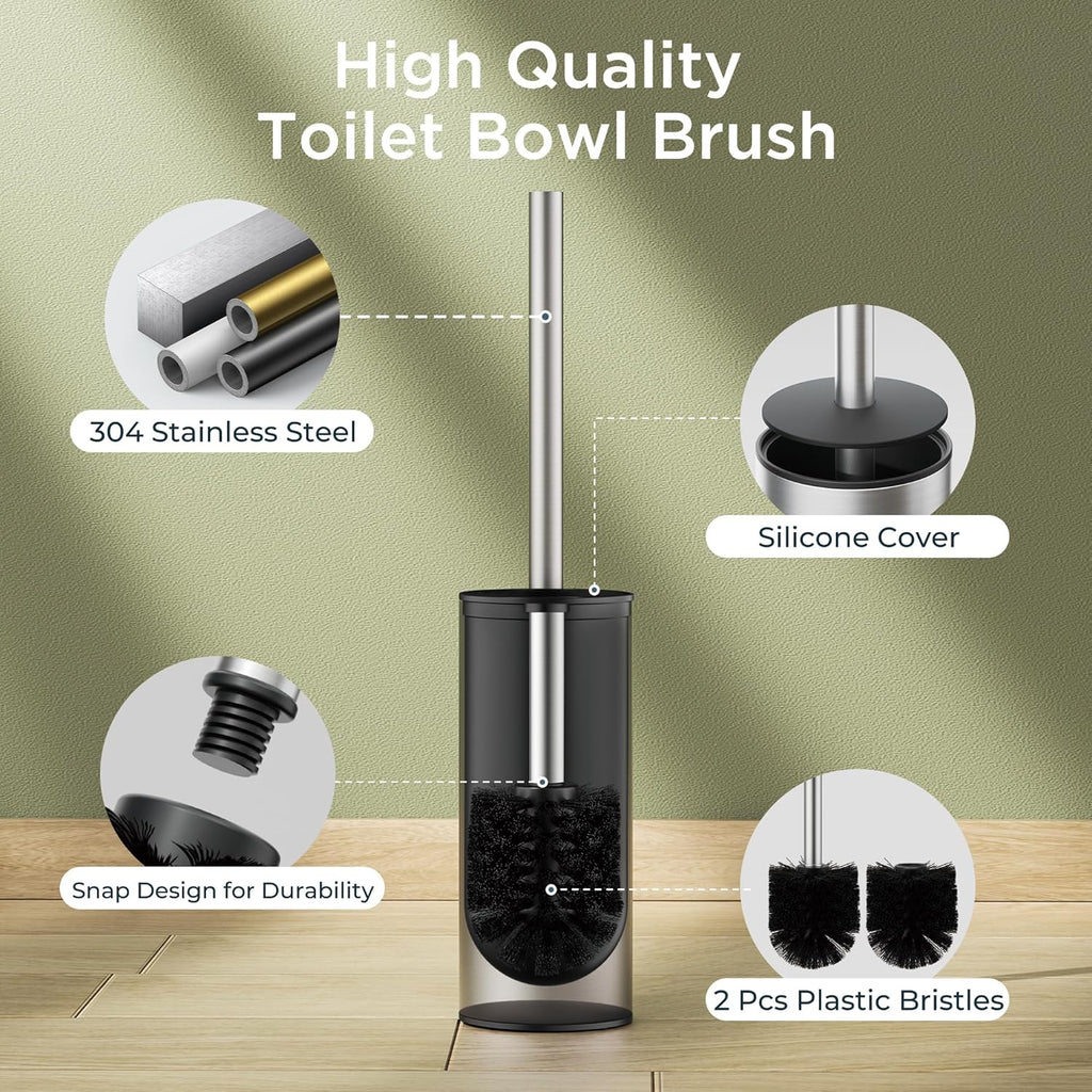 Toilet Brush and Holder Set, Toilet Bowl Brush with Heavy Duty 304 Stainless Steel Base and Extra Long Handle, Toilet Bowl Cleaners Brush for Bathroom (Stainless Steel)