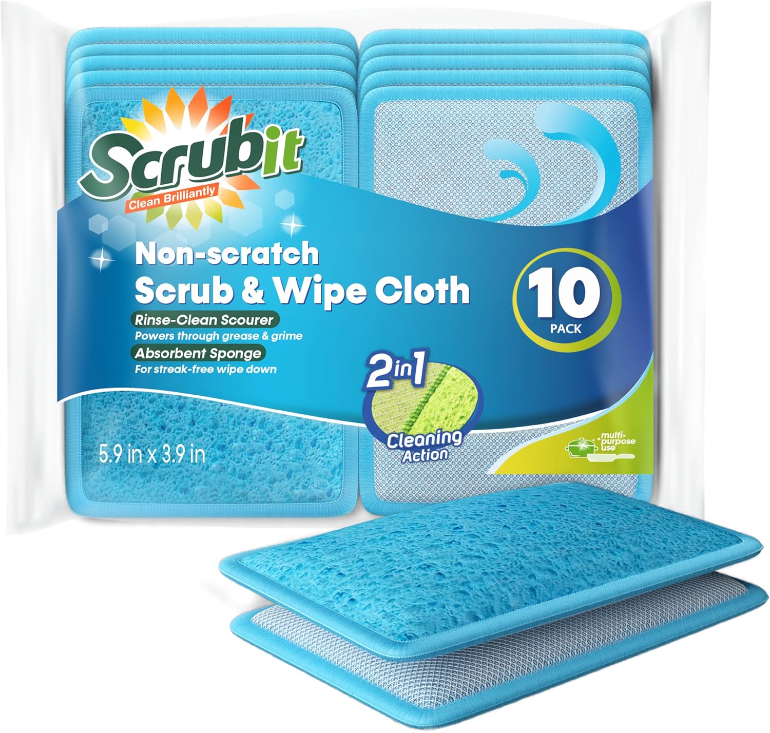 Scrub and Wipe Cleaning Sponges [10 Pack] – SCRUBIT Dual Sided Scouring Pad and Sponge - Reusable Kitchen Scrubbing Sponges for Dishes, Pots, Pans Utensils & Non-Stick Cookware (Blue)