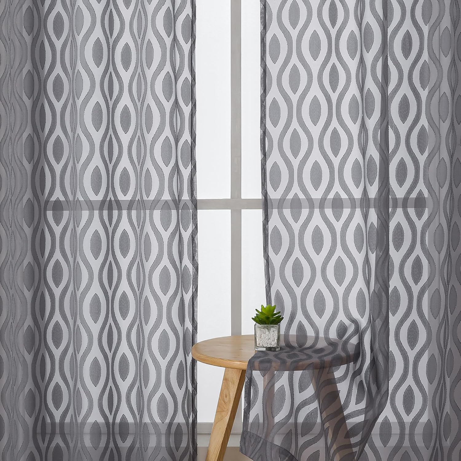 Aiyufeng Extra Long Grey Sheer Curtains 96 Inches Long for Bedroom 2 Panels Set, Farmhouse Wavy Line Light Filtering Clip Jacquard Solid Voile Living Room Curtains, Dual Rod Pocket, 40" Wx96 L Inches