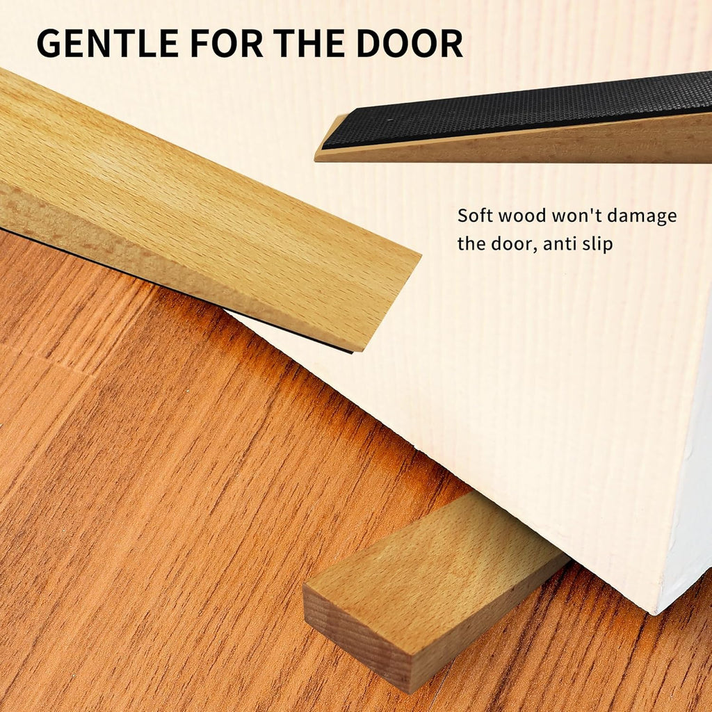 2 Pack Wooden Door Stop - Non-Slip Door Stoppers for Floor - Door Wedges for All Door Types and Surfaces - Each Door Stopper 0.6inch Thick, 4.7inch Long with Rubber