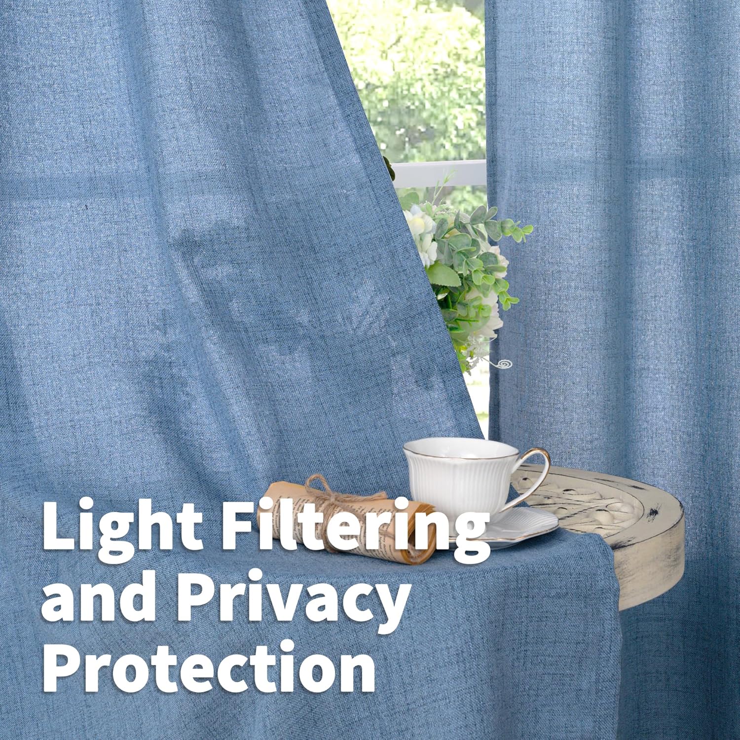 YoungsTex Denim Blue Linen Curtains 36 Inches Long for Bathroom Window, Small Drapes Light Filtering with Rod Pocket Back Tab Ocean Style for Kitchen Cafe Windows, 2 Panels, 42 X 36 Inch