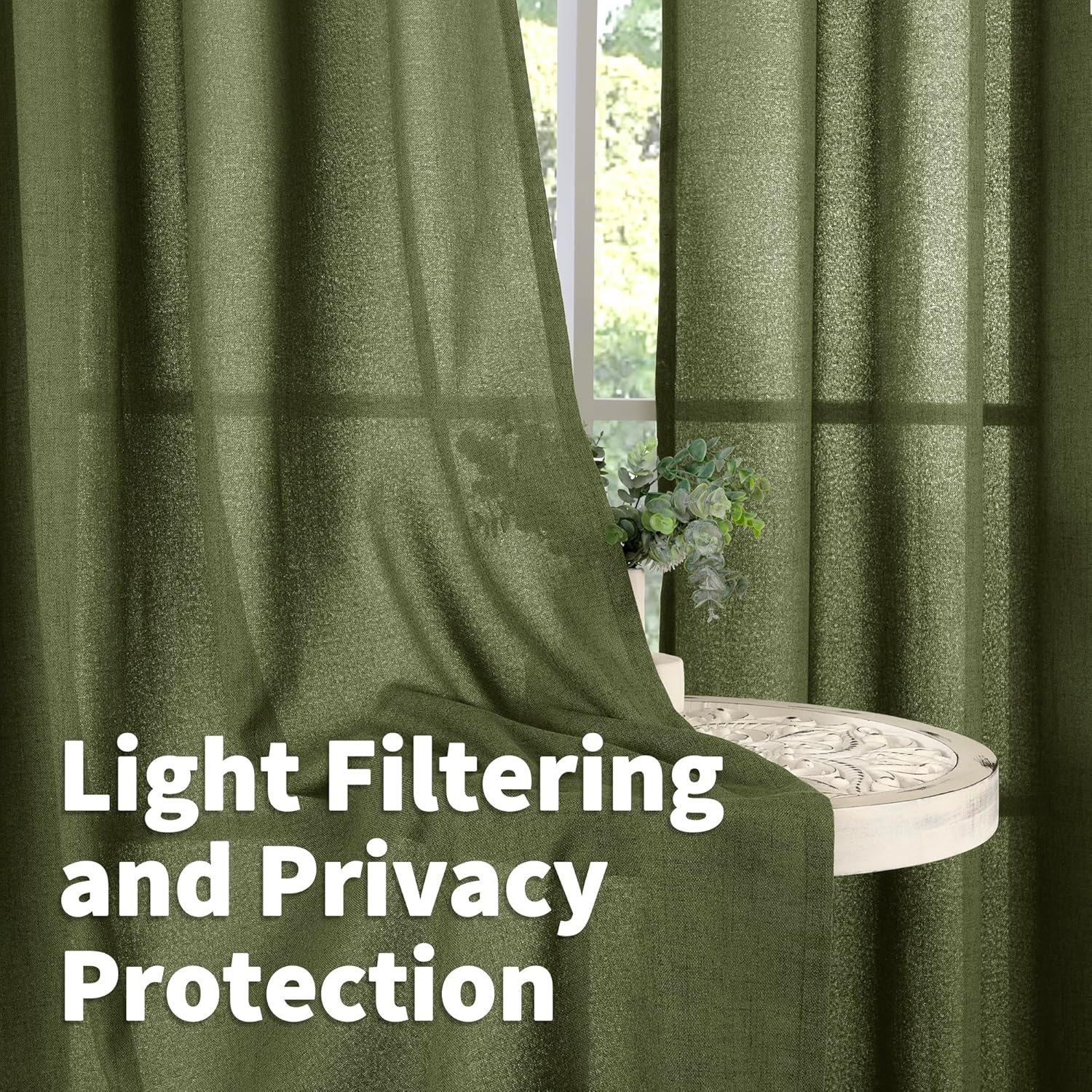 YoungsTex Olive Green Linen Curtains 45 Inch Length, Short Window Drapes Light Filtering Textured Semi Sheer with Rod Pocket Back Tab for Kitchen Living Room, 2 Panels, 42 X 45 Inch