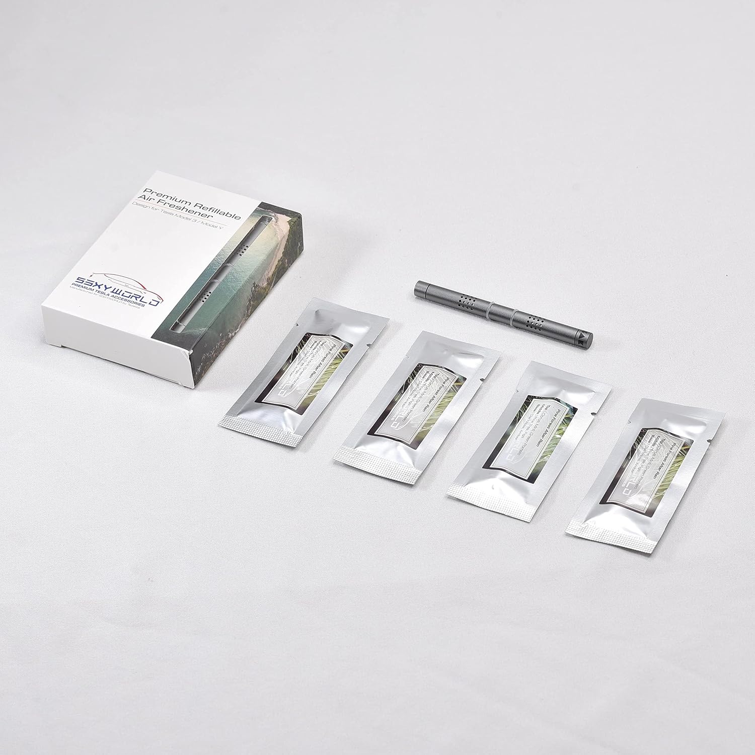 Tesla Model 3 [Not Compatible with Model 3 2024 (Highland)] /Y Air Freshener Invisible Slim Design Four Scents Selection (Pineforest After Rain Set)