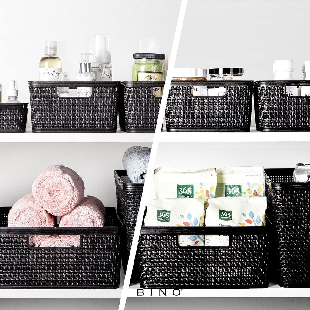 BINO | Woven Plastic Basket | Medium (Black), 4-Pack | THE JUTE COLLECTION | Home Organization, Space - Saving Storage, Stylish Design | Jute Basket | Plastic Storage Basket