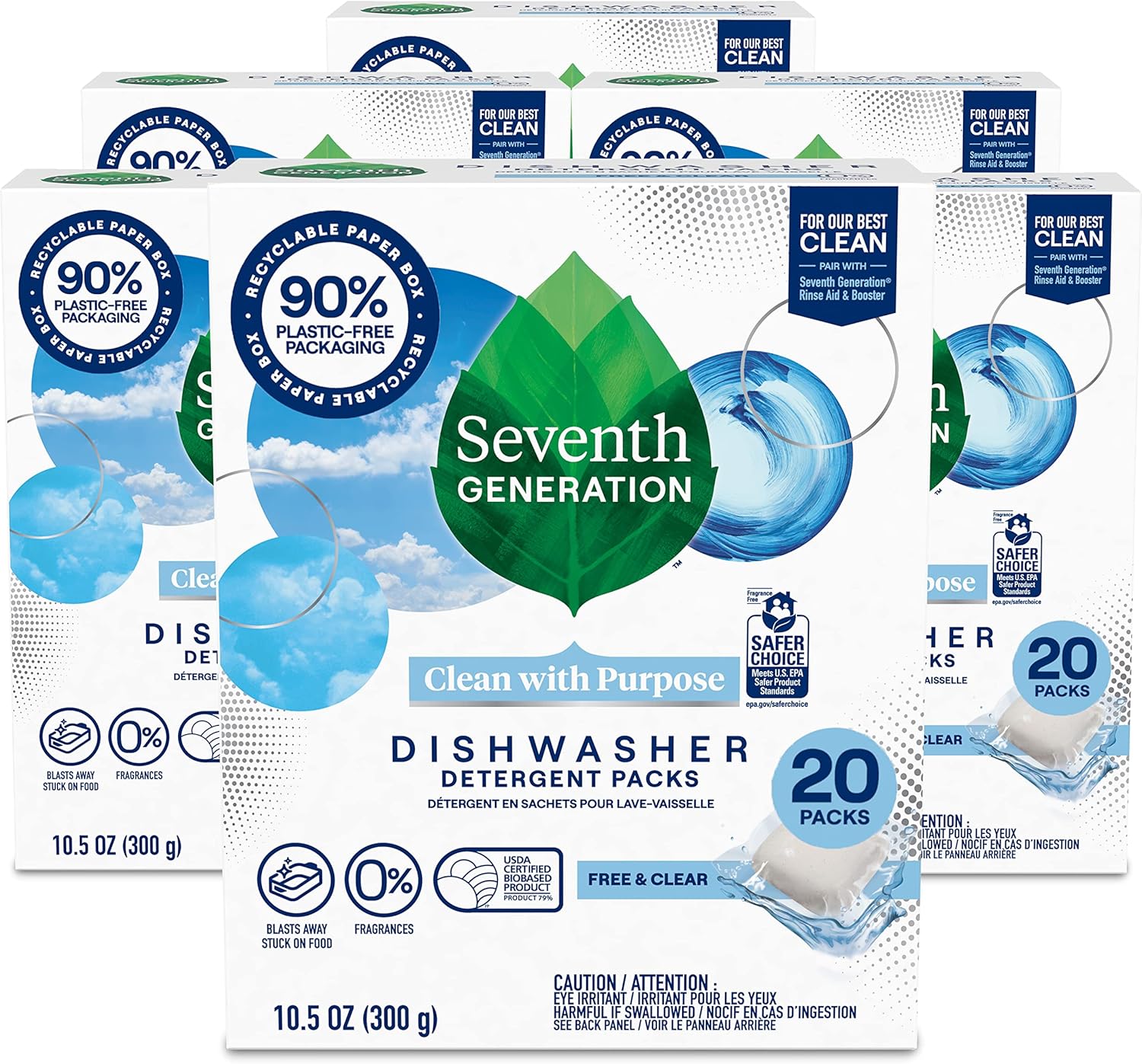 Seventh Generation Dishwasher Detergent Packs Free & Clear Pack of 6 for sparkling dishes Dishwasher tabs, 20 count