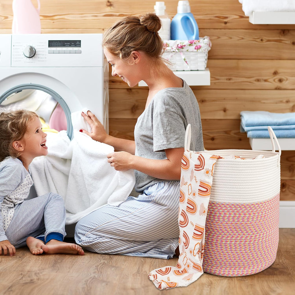 Cotton Rope Laundry Basket Hamper for Clothes Woven Storage Basket for Living Room Bedroom Boho Tall Rope Baskets for Blanket Toys Pillow Towels Baby Nursery Hamper Bin Large (multicolor)