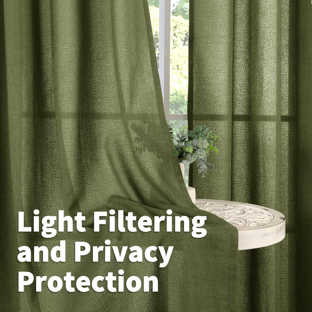 YoungsTex Olive Green Linen Curtains 78 Inch Length for Living Room, Light Filtering Semi Sheer Window Drapes with Rod Pocket Back Tab for Office Dining Bedroom, 2 Panels, 52 X 78 Inch