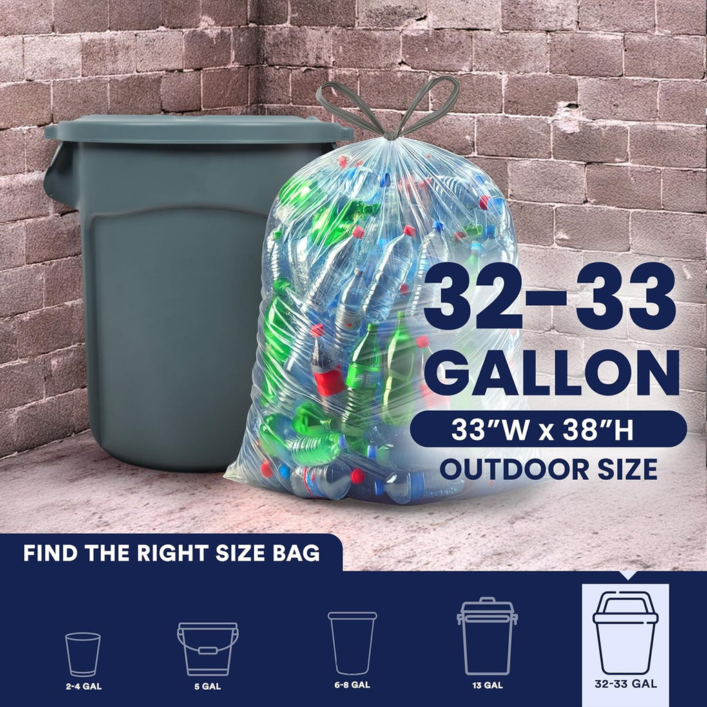 Plasticplace 32-33 Gallon Recycling Bags │ 0.9 Mil │ Clear Drawstring Garbage Can Liners │ 33" x 38" (100 Count)