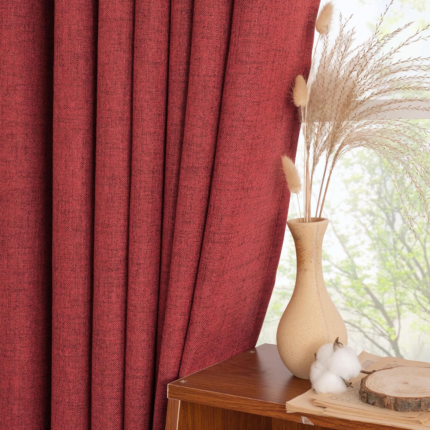 YoungsTex Red Linen Curtains 54 Inch Length for Kitchen, Light Filtering Semi Sheer Small Window Drapes Rod Pocket Back Tab for Christmas Living Room Cafe, 2 Panels, 42 X 54 Inch