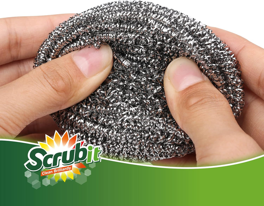 12 Pack Stainless Steel Scourers by Scrub It – Steel Wool Scrubber Pad Used for Dishes, Pots, Pans, and Ovens. Easy scouring for Tough Kitchen Cleaning. (XX Large (100 gram))