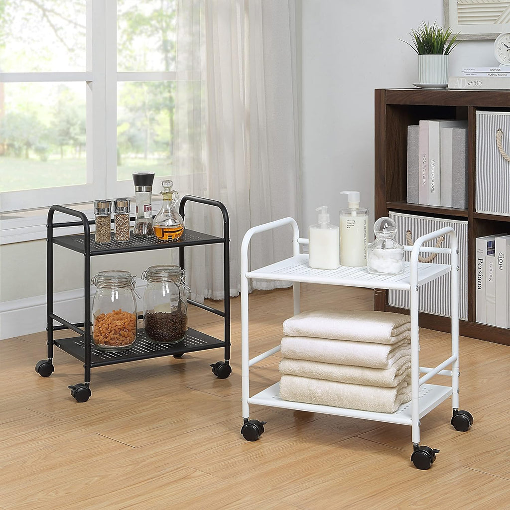 SunnyPoint 2-Tier Metal Rolling Utility Cart – Mobile Storage Shelf with Caster Wheels – Small Space Organizer for Home, Office, Bedroom, Kitchen (WHT)