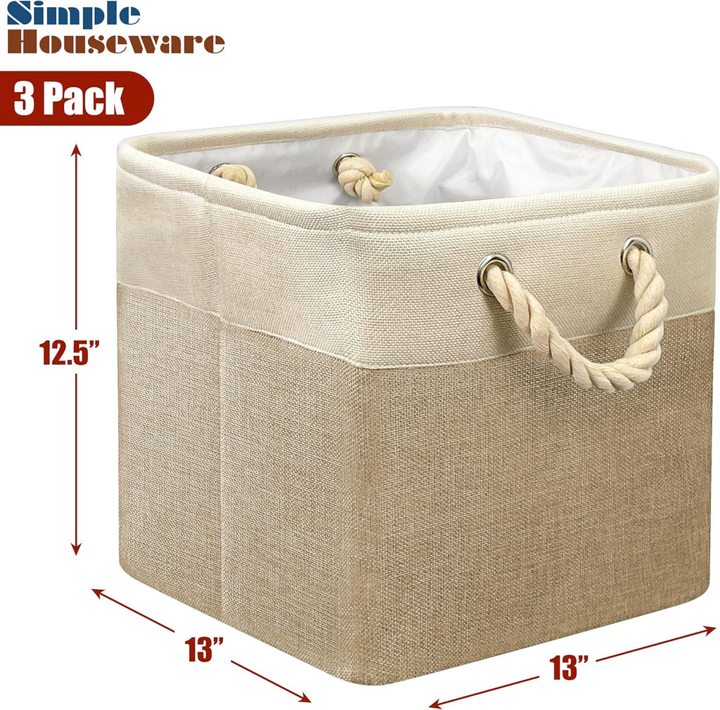SIMPLE HOUSEWARE Fabric Storage Cubes, 13" x 13" Storage Bin, 3 Pack, Beige