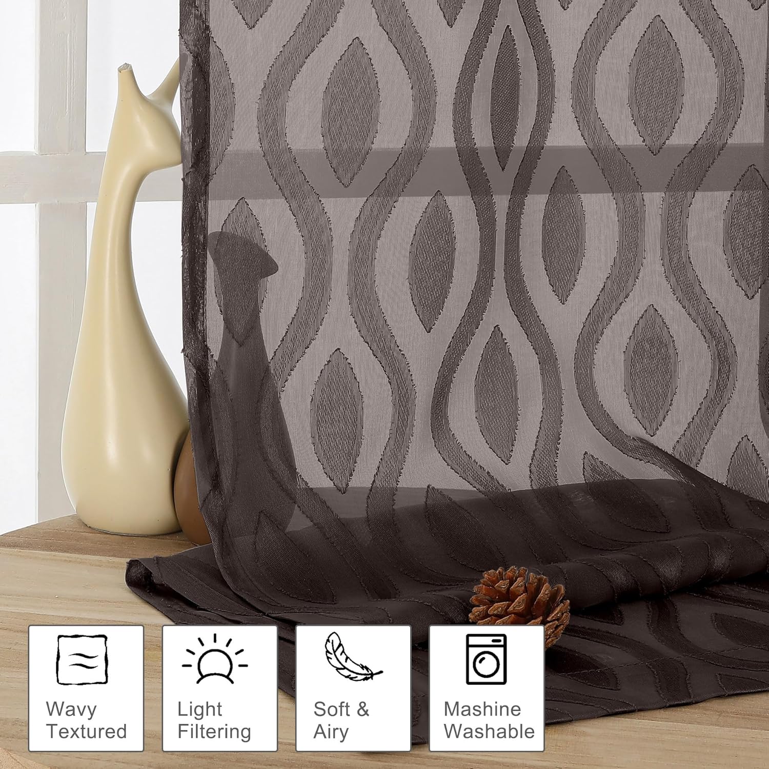 Aiyufeng Brown Valance Curtains 14 Inch Length, Chic Wavy Line Clip Jacquard Sheer Curtains for Basement Bathroom, Lightweight Solid Rod Pocket Small Window Curtains, 2 PCS, 40Wx14L Inch