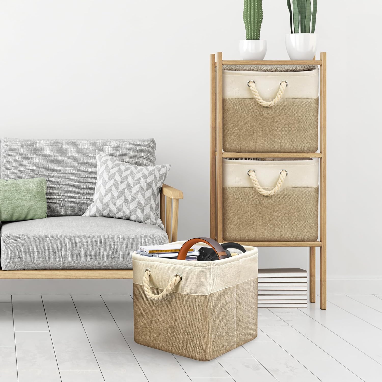 SIMPLE HOUSEWARE Fabric Storage Cubes, 13" x 13" Storage Bin, 3 Pack, Beige