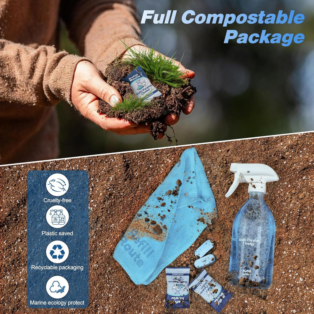 Multi-surface Cleaner Kit, Bathroom Cleaner Spray Tablets & Spray Bottle All Purpose Cleaner, 12 Tablets Multipurpose Cleaner Refills with Reusable Glass Bottle, Plant Based - Ocean Breeze