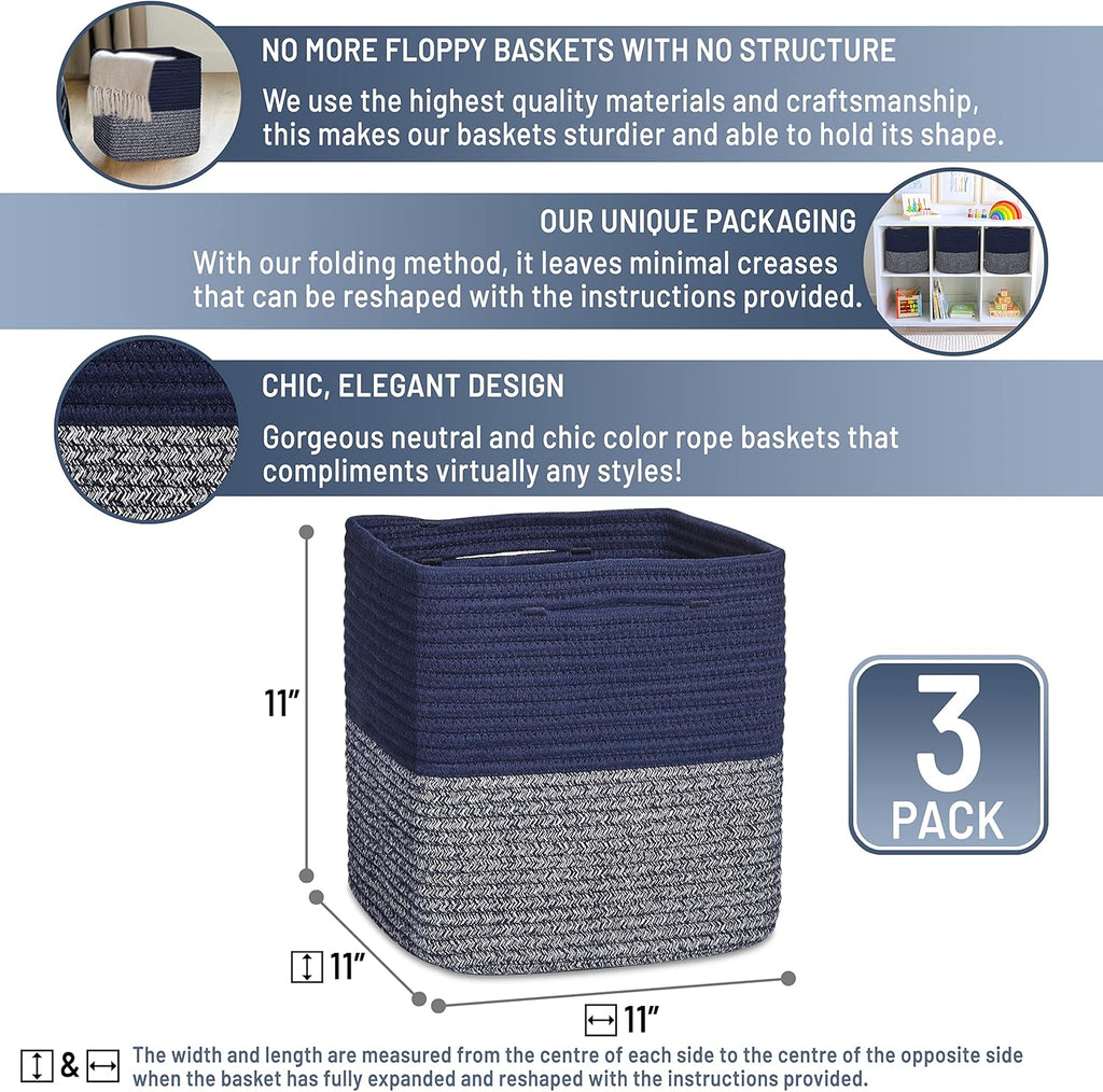 NaturalCozy Storage Cubes 11 Inch Cotton Rope Woven Baskets for Organizing, 3-Pack | Cube Storage Bin | Square Storage Baskets for Shelves Organizer, Classroom, Kids Toy Bins, Closet, Baby Nursery
