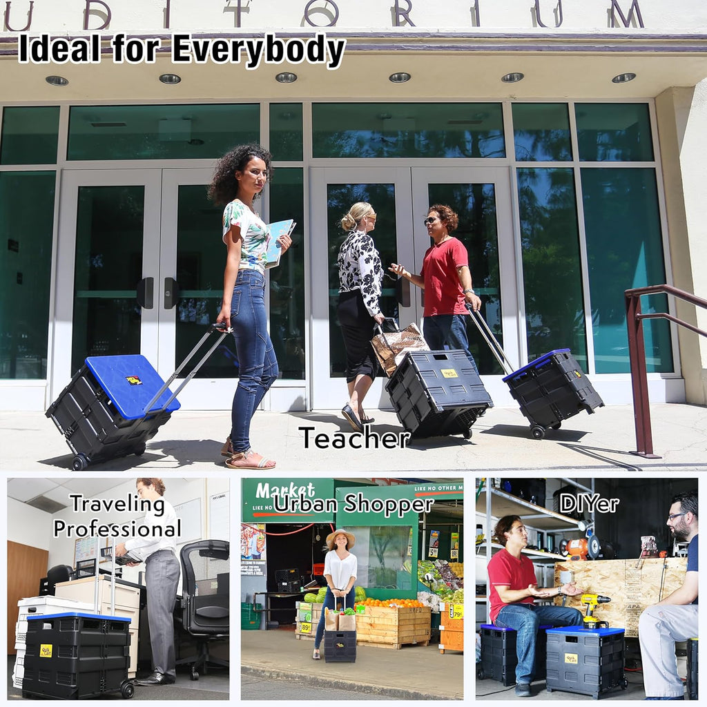 dbest products Quik Cart Collapsible Rolling Crate on Wheels for Teachers Tote Basket, 80 lbs Capacity, Blue Lid Made from Heavy Duty Plastic and used as a Seat