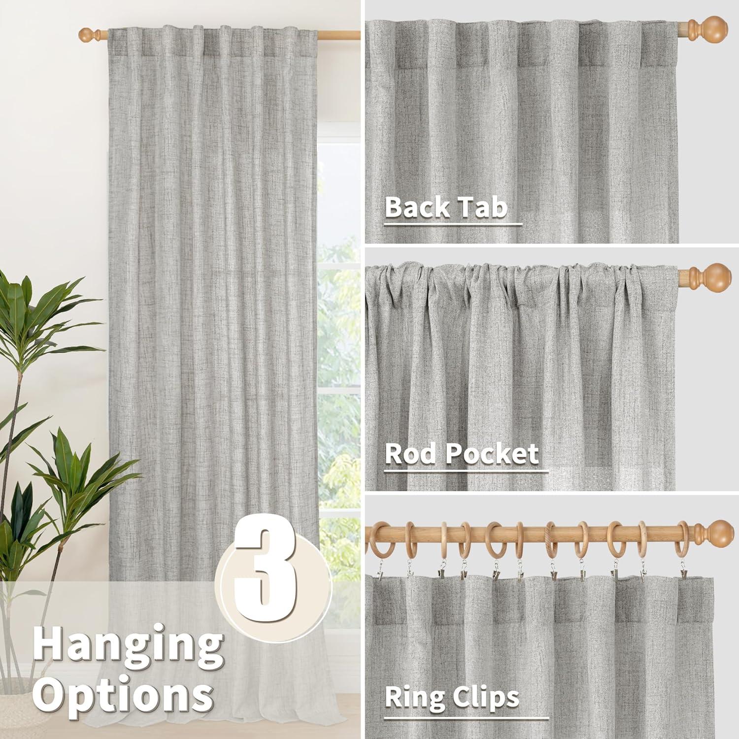 YoungsTex Dark Grey Linen Semi Sheer Curtains 2 Panels for Living Room, Light Filtering Window Treatments Textured Privacy with Back Tab Rod Pocket for Bedroom, 52 X 72 Inch
