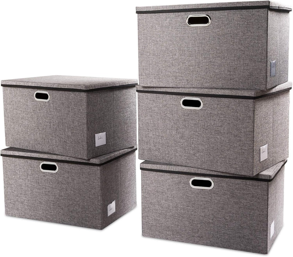 PRANDOM Extra Large Collapsible Storage Bins with Lids [5-Pack] Linen Fabric Foldable Storage Baskets Boxes Organizer Containers Cube with Cover for Bedroom Closet Office Nursery (22.8x15.75x13.8)
