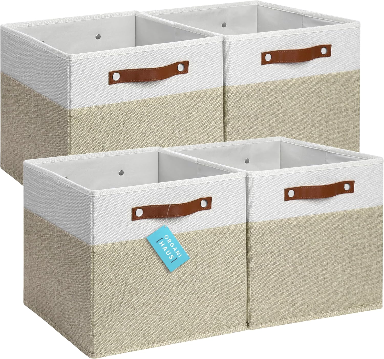 OrganiHaus 12x12 Fabric Storage Bins - Set of 4, Cube Fabric Organizer Bins with Vegan Handles, Kallax Storage Cubes, Cubbies Organizer Boxes, 12Inch Cubic Baskets for Shelves - Beige/White