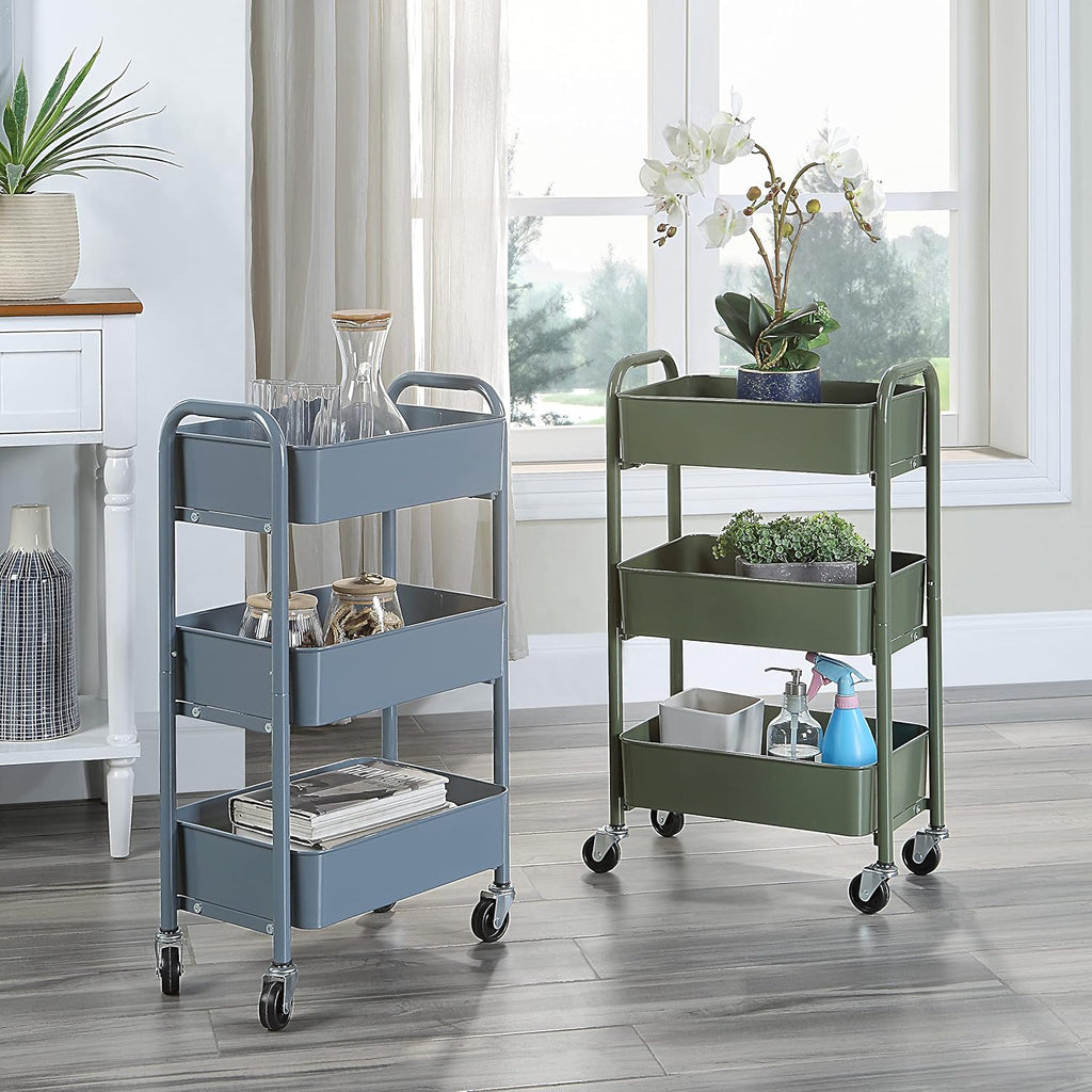SunnyPoint 3-Tier Delicate Compact Rolling Metal Storage Organizer - Mobile Utility Cart Kitchen/Under Desk Cart with Caster Wheels - Army (15.35" X 10.24" X 26.8"H)