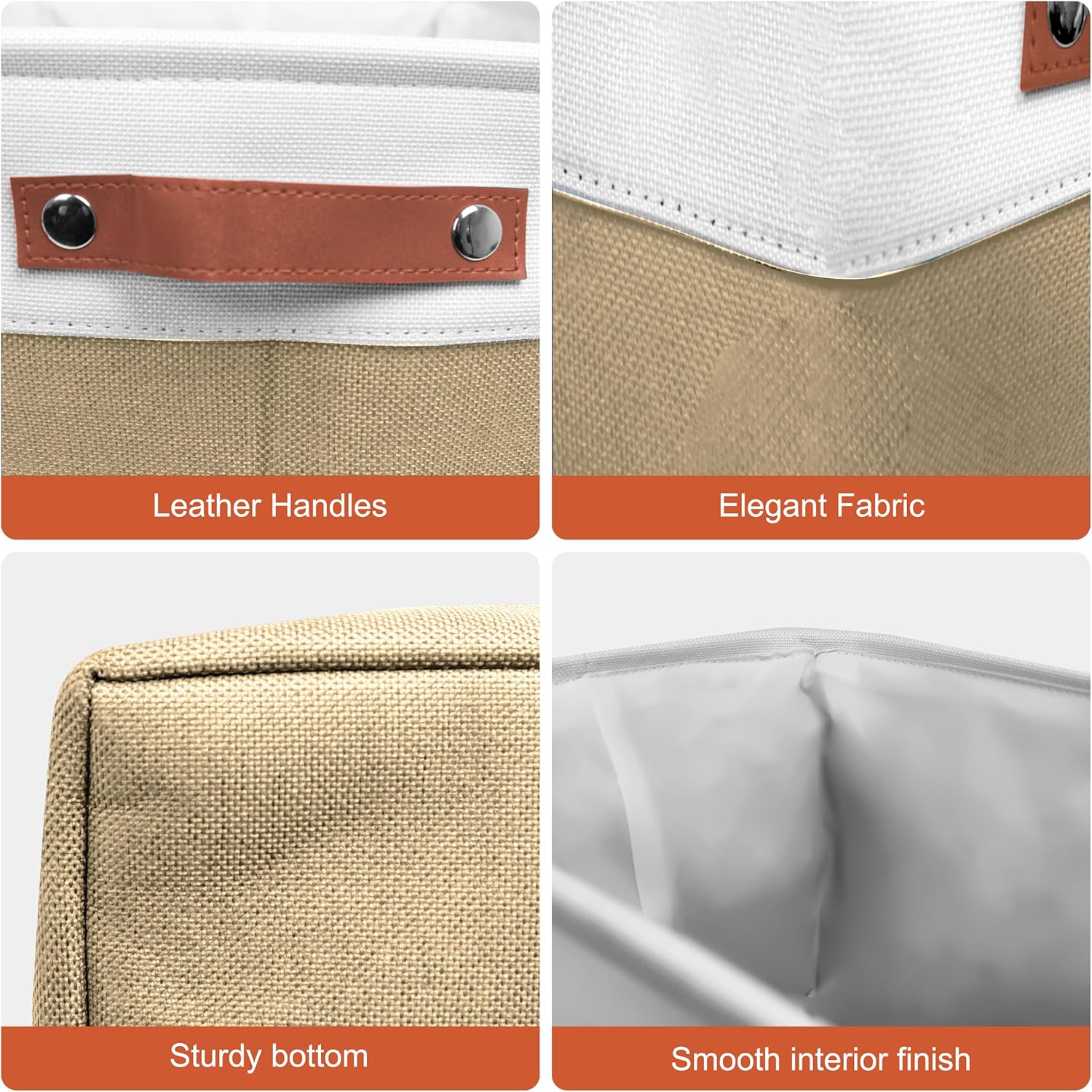 13in Open Fabric Storage Basket with Leather Handles for Organizing, Collapsible Linen Closet Bins for Shelves, Closets, Laundry, Decorative Basket for Gifts. (White＆Khaki, 2PCS/13x13in)