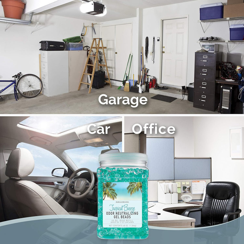 SMELLS BEGONE 48 oz Odor Eliminator Gel Bead Refill - Eliminates Odors in Bathrooms, Cars, Boats, RVs & Pet Areas - Air Freshener - Made with Essential Oils - Tropical Breeze Scent