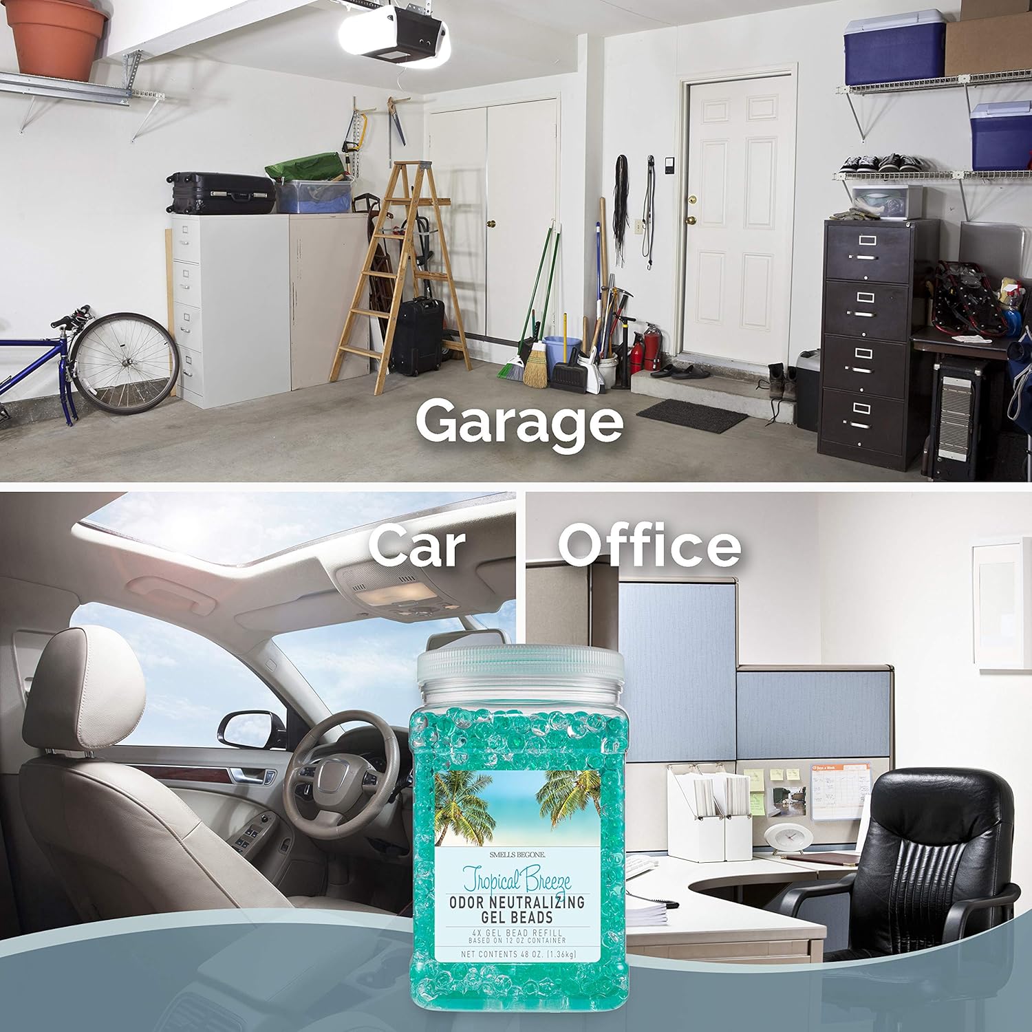 SMELLS BEGONE 48 oz Odor Eliminator Gel Bead Refill - Eliminates Odors in Bathrooms, Cars, Boats, RVs & Pet Areas - Air Freshener - Made with Essential Oils - Tropical Breeze Scent