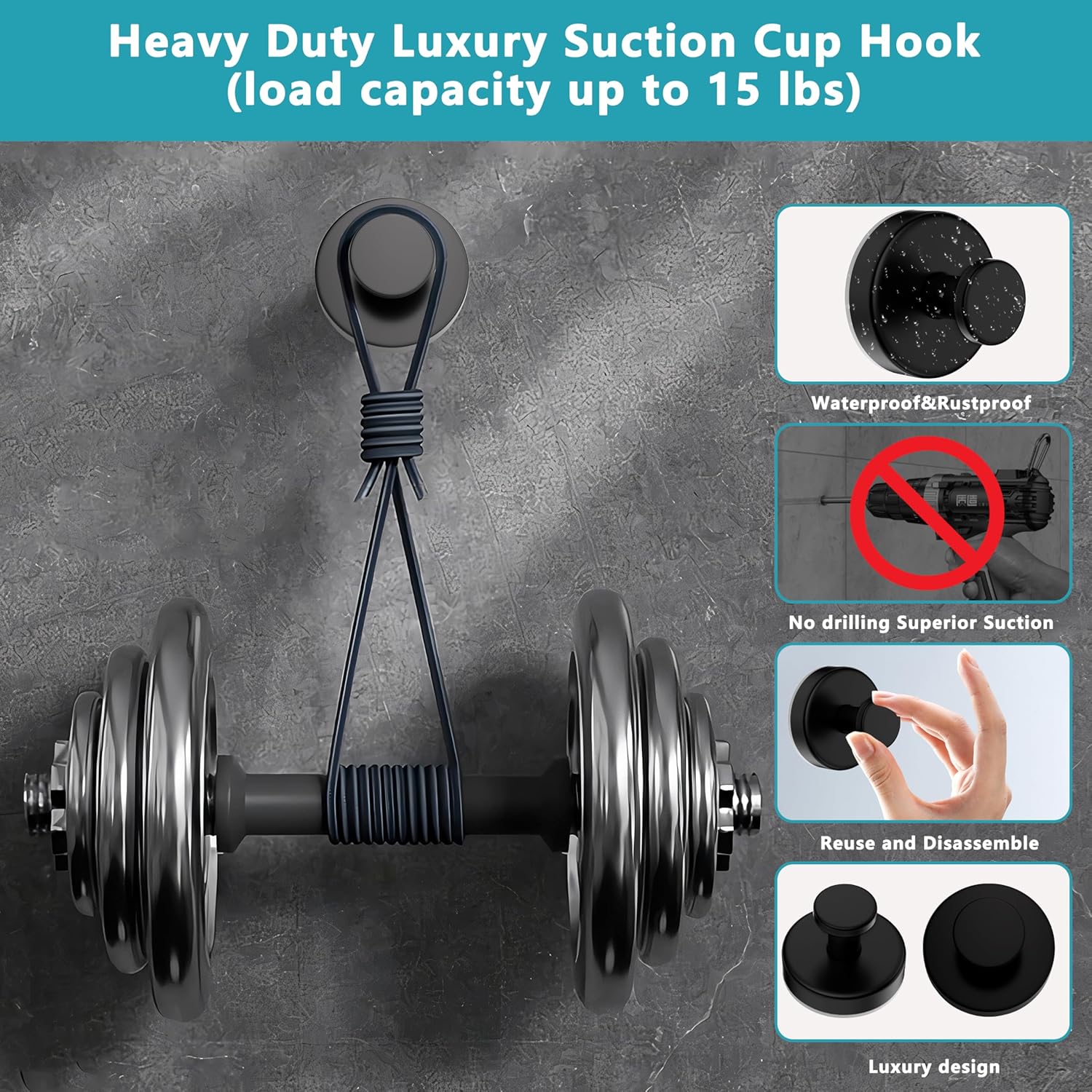 Suction Cup Hooks for Shower,Removable No Drill Towel Hooks,Upgraded 15 lbs Strong Suction hooks for Bathroom Tile,Shower Wall,Glass Door,Kitchen-Loofah,Coat,Stainless Waterproof-Matte Black 2 Pcs