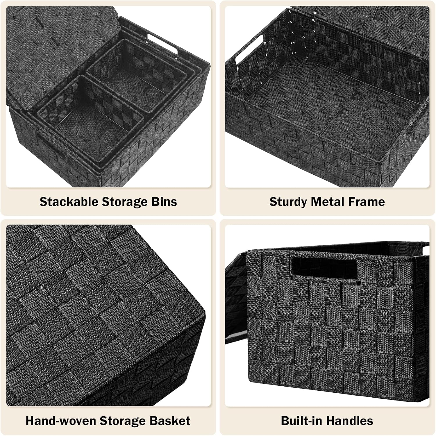 Storage Bins Baskets for Organizing with Lids, Storage Baskets for Shelves Stackable Woven Basket, Gift Small Basket Storage Cubes, Decorative Wicker Basket with Built-in Handles (5 Pack, Black)