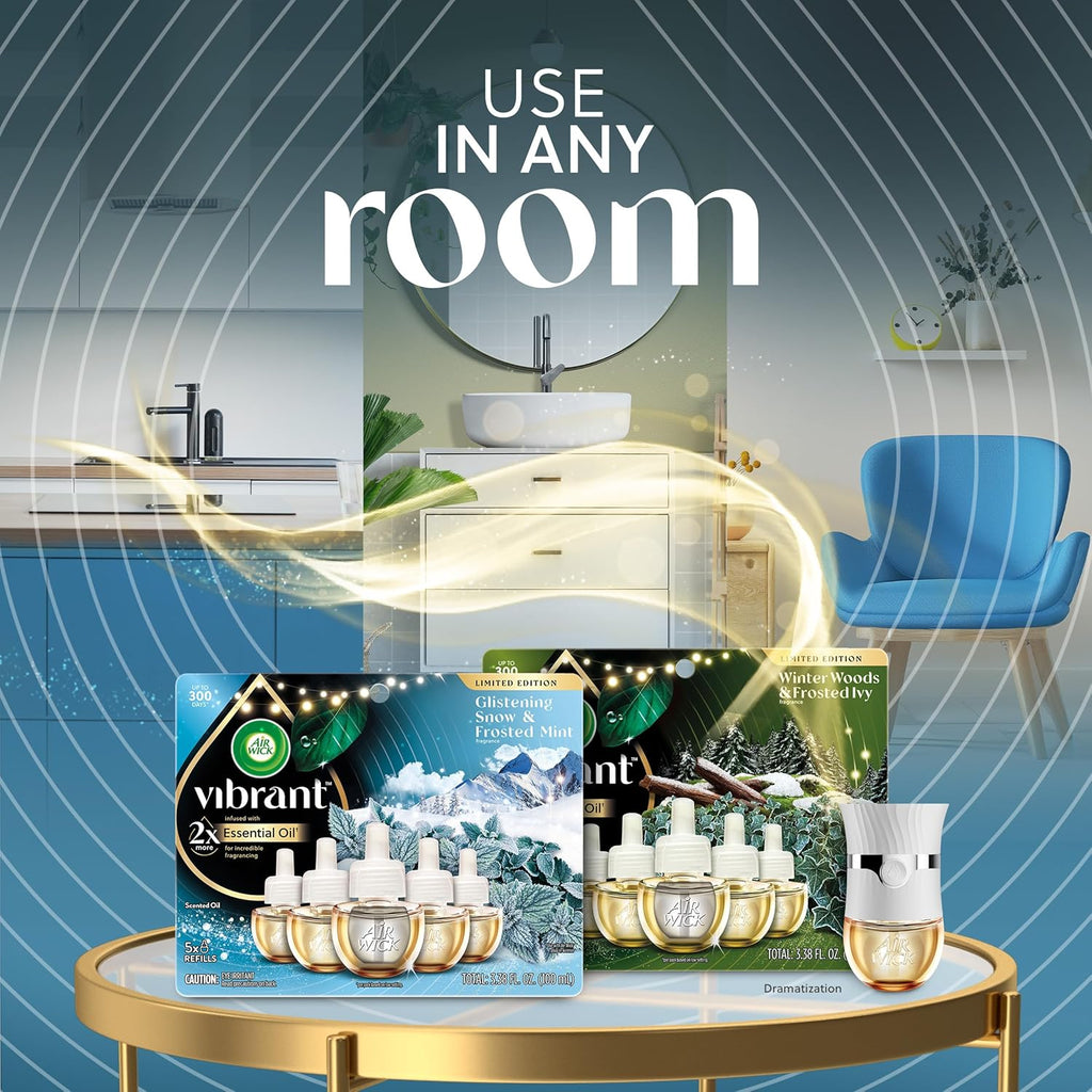 Air Wick Plug In Advanced Scented Oil,Glistening Snow + Frosted Mint,Air Fresheners for Home Long Lasting, Room Freshener, Air Freshener Plug In, House Essentials for Small Spaces + Large Spaces,5 ct