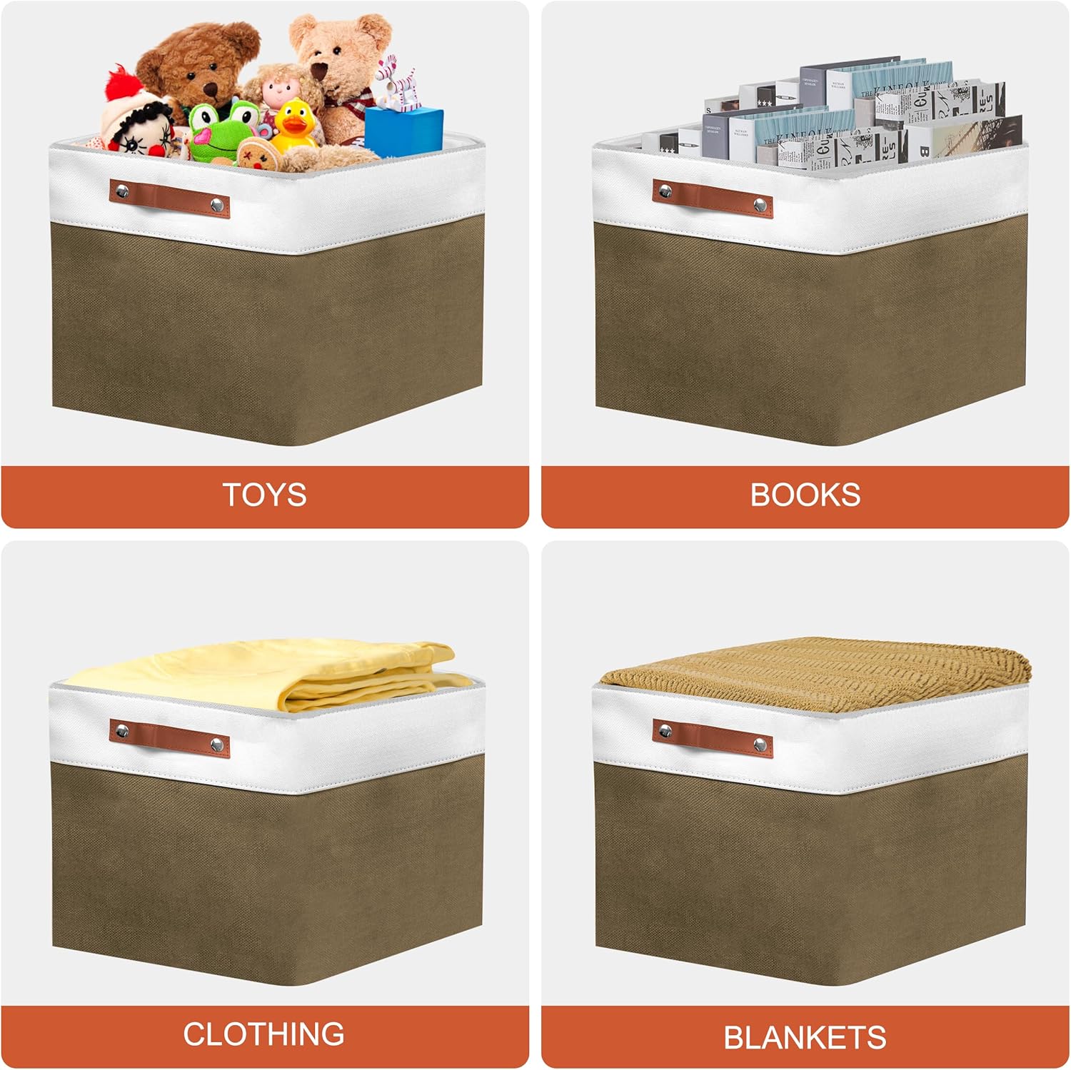 13in Open Fabric Storage Basket with Leather Handles for Organizing, Collapsible Linen Closet Bins for Shelves, Closets, Laundry, Decorative Basket for Gifts. (White＆Brown, 3PCS/13x13in)