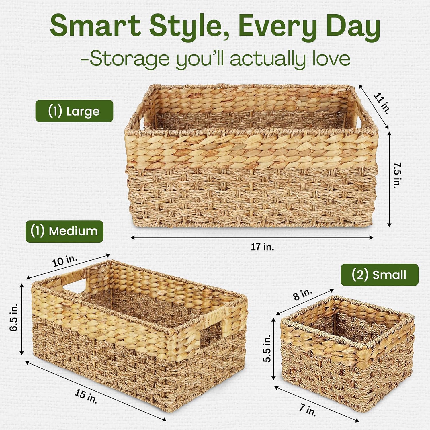 Seagrass and Hyacinth Nesting Wicker Basket, Multi-Size, 4 pack, Natural Woven Storage Baskets for Organizing Living Room, Shelves, Pantry