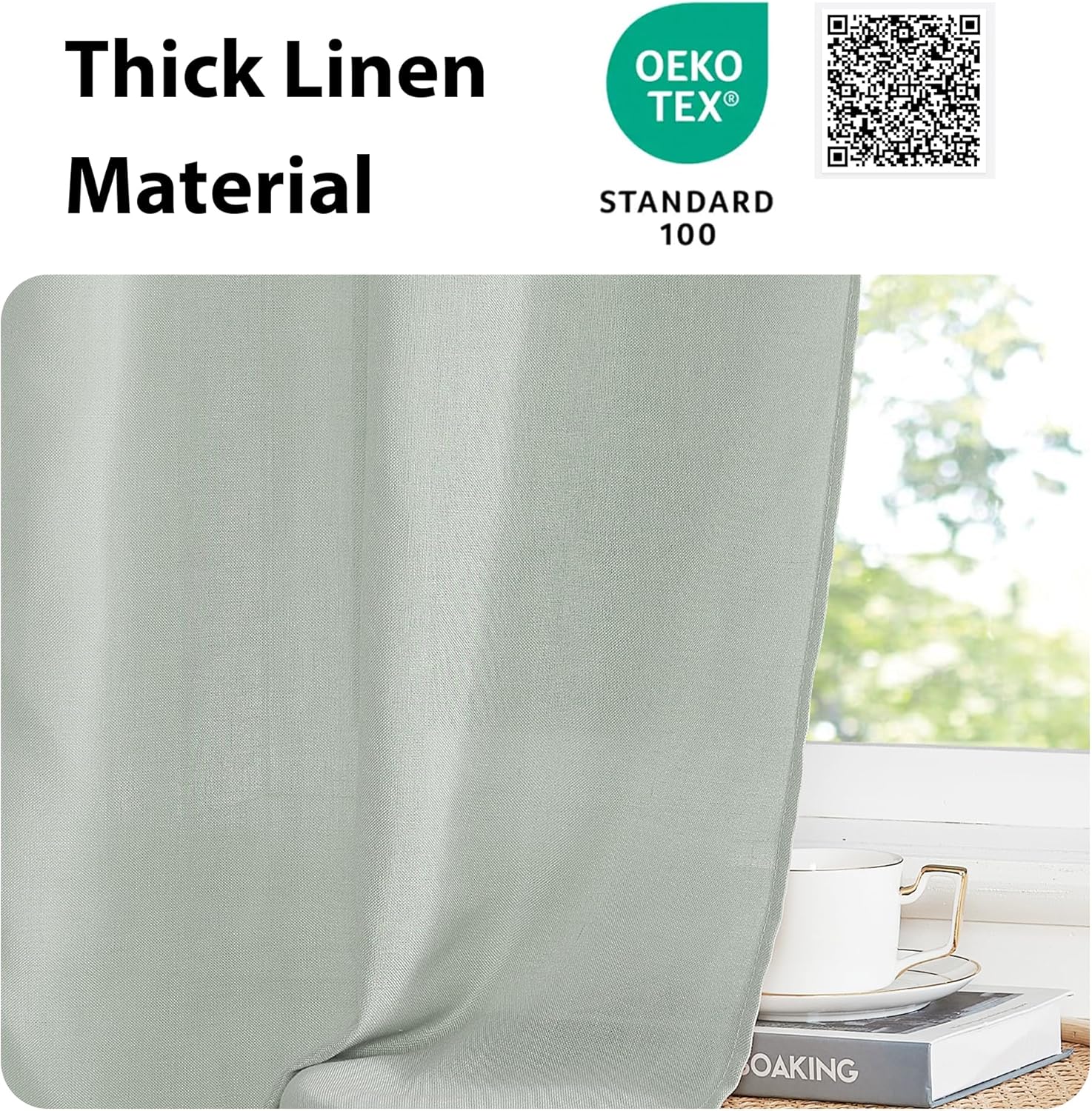 NICETOWN Sage Green Curtains Door Curtains for Kitchen Window, Elegant Farmhouse Linen Privacy Assured French Door Shade for Glass Patio with Tieback, 52" Wide x 40" Length, 1 Panel