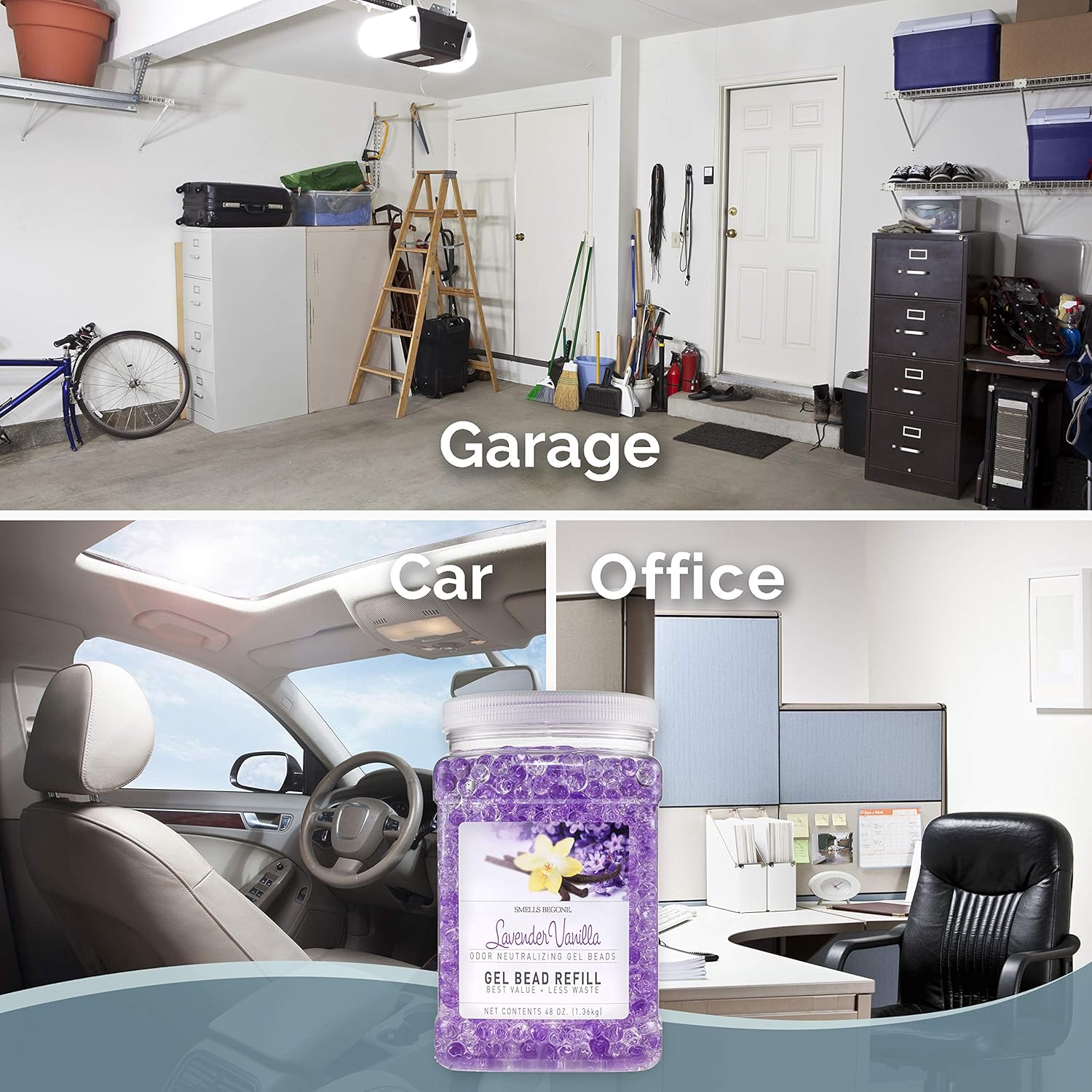 SMELLS BEGONE 48 oz Odor Eliminator Gel Bead Refill - Eliminates Odor from Bathrooms, Boats, Cars, RVs & Pet Areas - Made with Essential Oils - Lavender Vanilla Scent