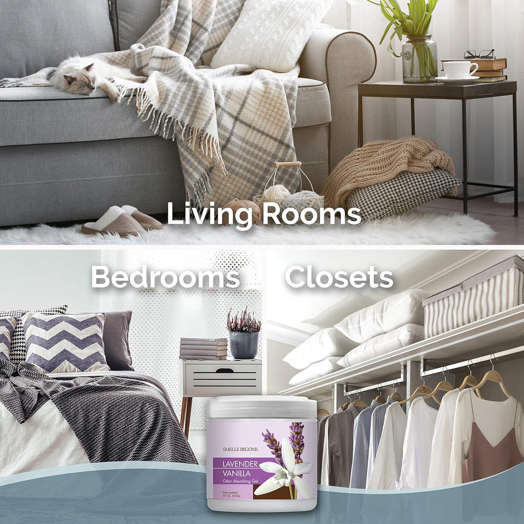 SMELLS BEGONE Air Freshener Odor Absorber Gel - Absorbs Odor from Bathrooms, Cars, Pet Areas, Boats and RVs - Made with Essential Oils - Lavender Vanilla Scent - 15 Ounce