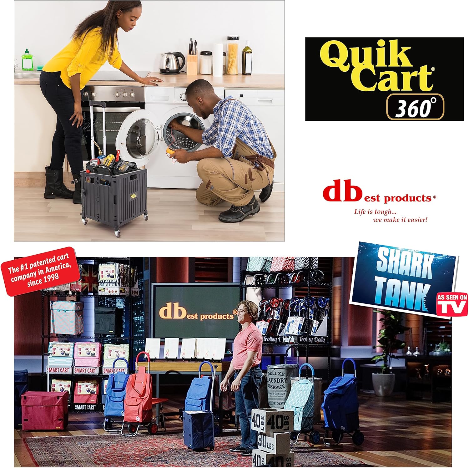 dbest products Quik Cart 360 Four Wheeled Rolling Crate Teacher Utility with seat Heavy Duty Collapsible Basket with Handle, Black