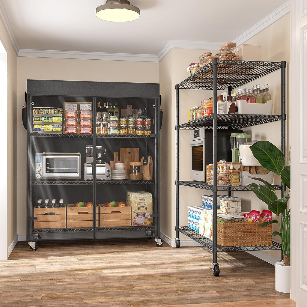 REIBII 4-Tier Storage Shelves Wire Shelving Unit with Cover & Wheels, Heavy Duty Metal Shelving for Dorm Storage Shelves, Garage Storage Rack Commercial Shelf, 36" W*14.3" D*56.5" H