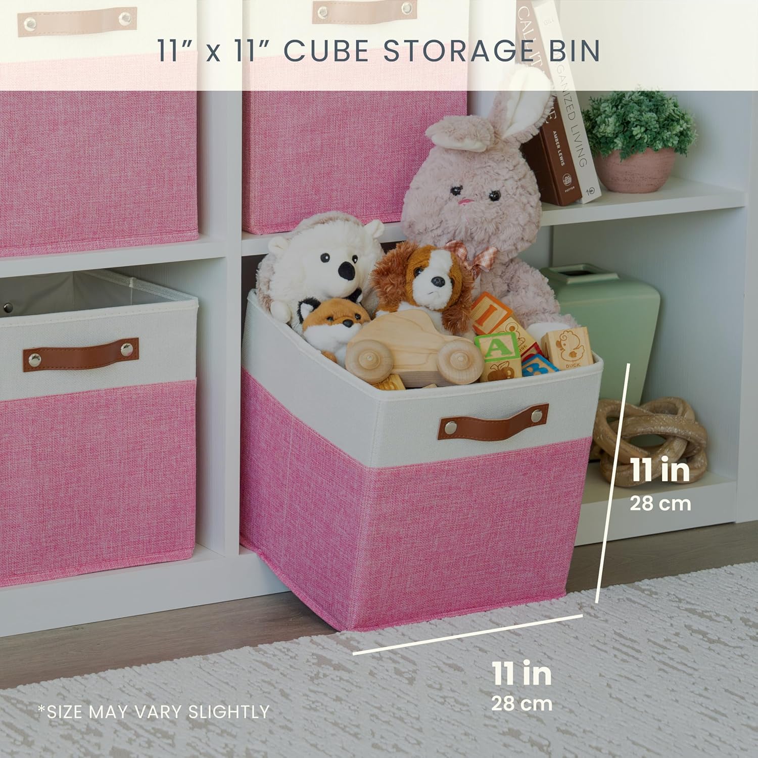 OrganiHaus 11x11 Fabric Cubes Storage Bins Set of 4, Foldable Collapsible Fabric Storage Bins for Organizer, Cubbies Organizer for Kallax, Linen Cube Shelf Baskets, Toy Organizing boxes - Pink/White