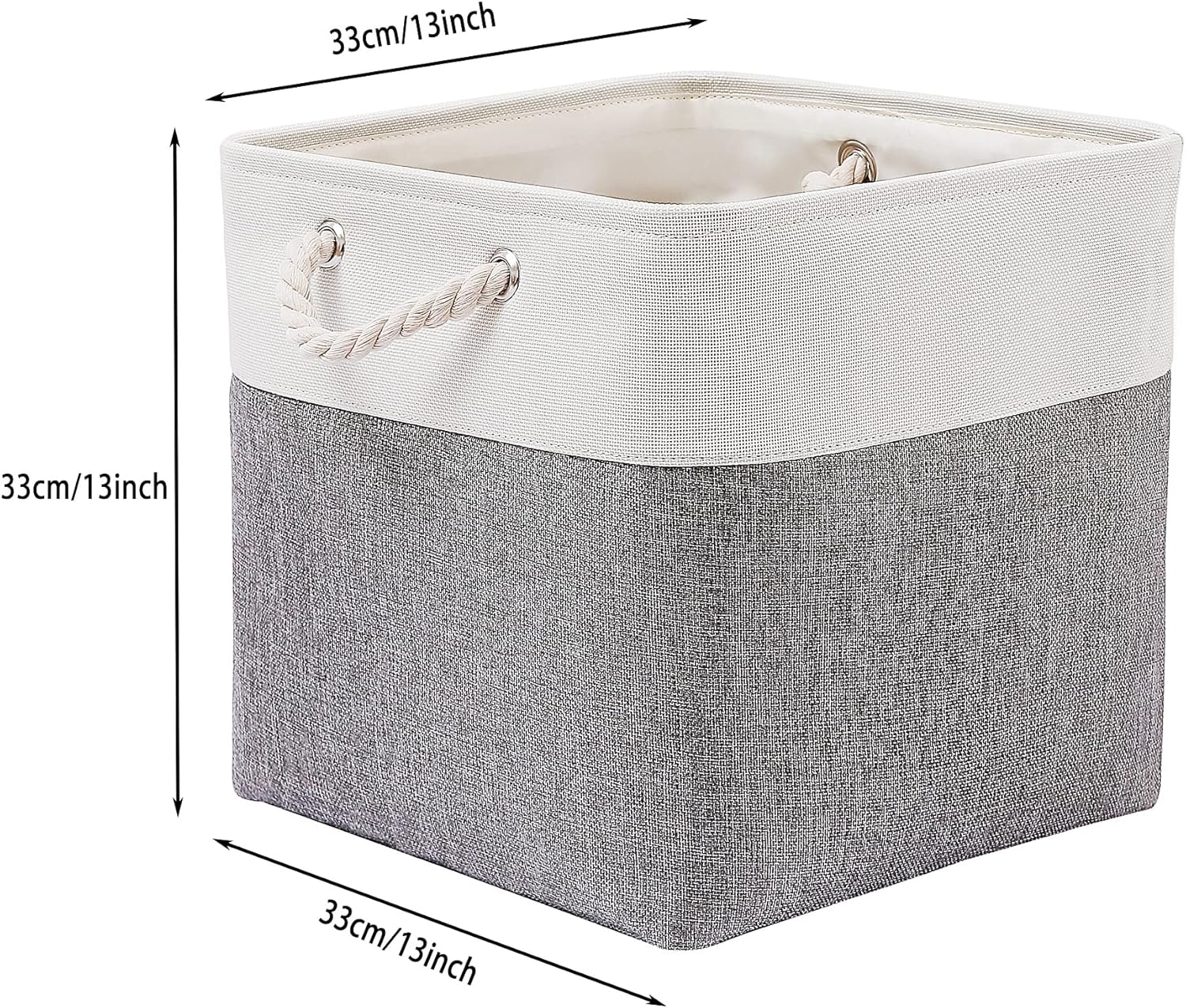 13 x 13 Inch Cube Storage Bins, 4 Pack Large Collapsible Fabric Storage Bin with Ropes, Foldable Storage Cubes for Home, Office,Closet, Clothes, Toys Organizer (White & Grey)