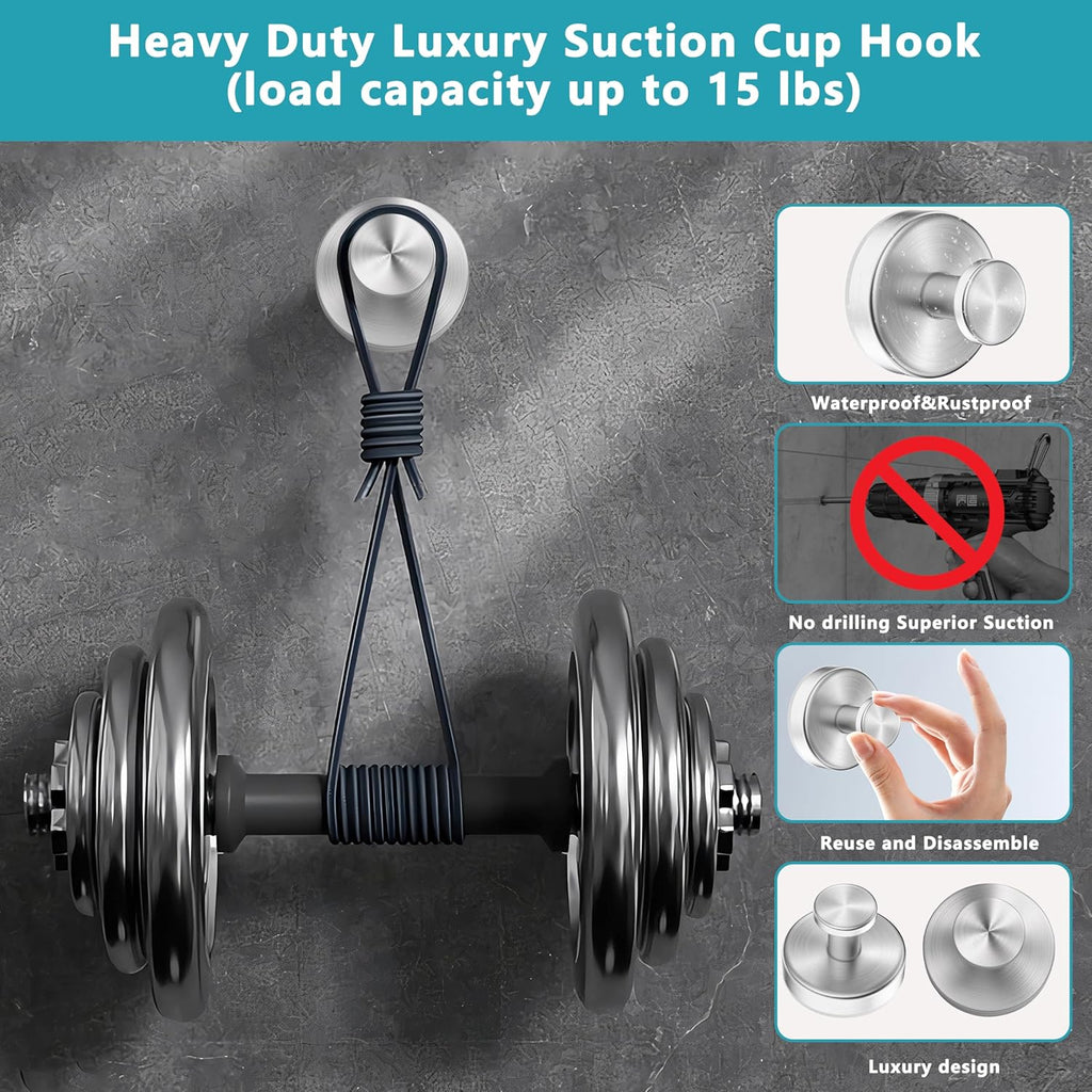Suction Cup Hooks for Shower,Removable No Drill Towel Hooks,Upgraded 15 lbs Strong Suction hooks for Bathroom Tile,Shower Wall,Glass Door,Kitchen-Loofah,Coat,Stainless Waterproof-Silver 4 Pcs