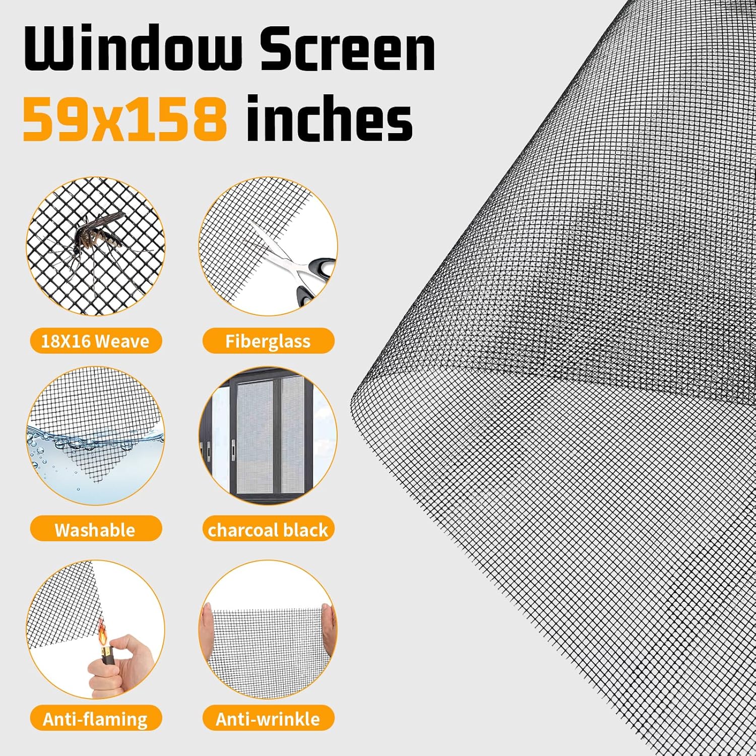 Window Screen Replacement,Screen Door Repair Kit, 59"x158" Black Window Screen Mesh,Including 50 FT Splines+Hooks+2 Rollers+8 Clips+Scissors+Knife+Tape Measure,Fully Equipped Window Screen Repair Kit