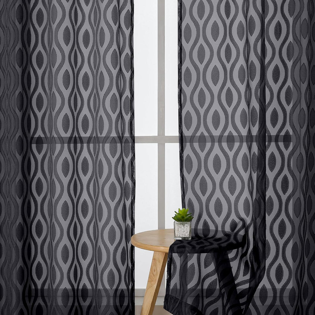 Aiyufeng Extra Long Sheer Curtains 96 Inches Long for Bedroom 2 Panels Set, Farmhouse Black Wavy Line Light Filtering Clip Jacquard Solid Voile Living Room Curtains, Dual Rod Pocket, 40"Wx96"L Inches