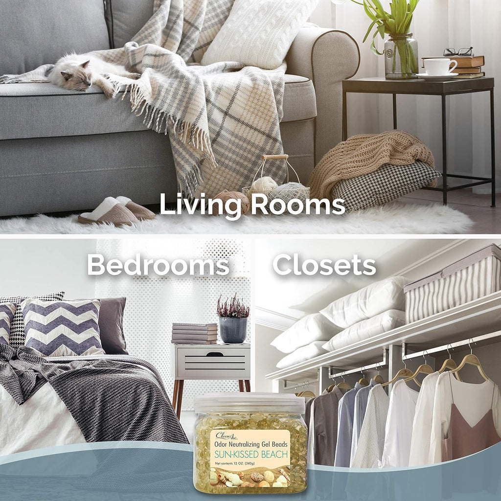 Clear Air Odor Eliminator Gel Beads - 12 oz, Pack of 2 - Air Freshener Made with Essential Oils - Eliminates Odors in Bathrooms, Cars, Boats, RVs & Pet Areas - Sun-Kissed Beach Scent