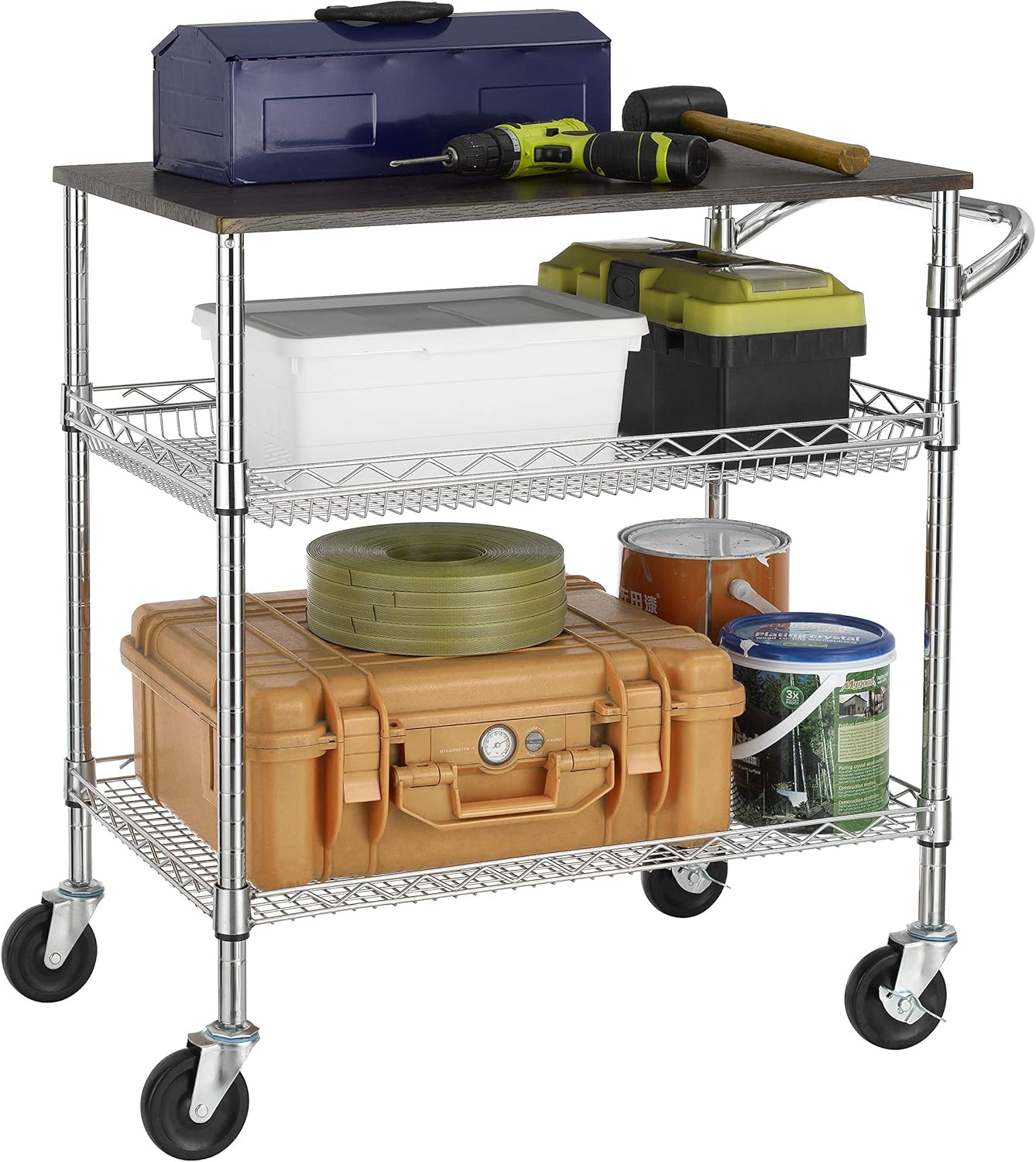 Finnhomy 3 Tier Heavy Duty Commercial Grade Utility Cart with Wood Top, Wire Rolling Cart with Handle Bar, Steel Service Cart with Wheels, Utility Shelf Food Storage Trolley, NSF Listed